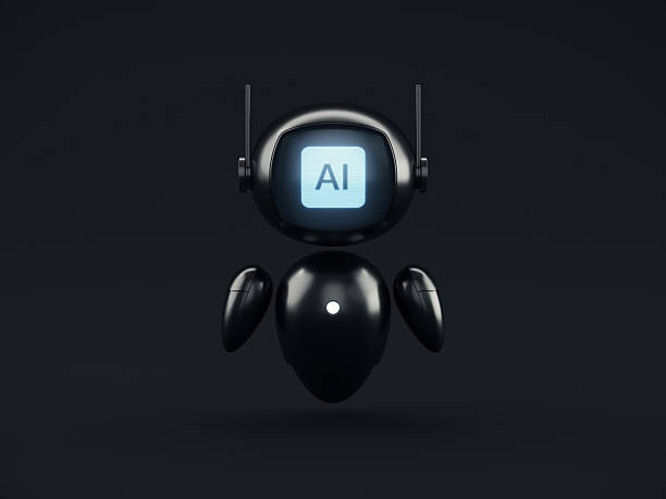 3D render of a sleek black robot assistant showing “AI” on its screen over a dark background. Artificial intelligence, automation, machine learning, futuristic technology, and innovation concepts.
