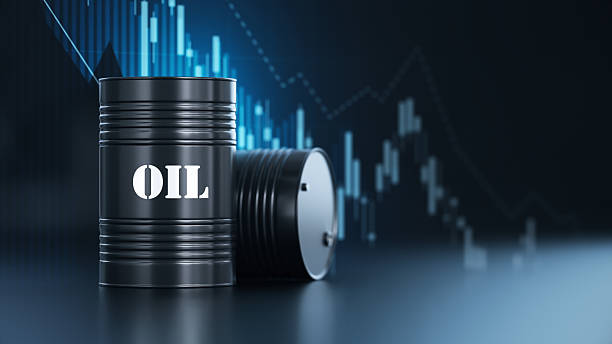 Black Oil Barrels over Financial Charts Background