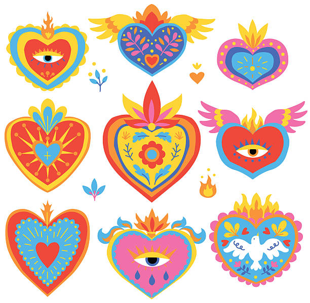 Various Sacred hearts. Set of Traditional Mexican hearts. Hand drawn colored trendy vecto