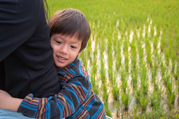 A young child joyfully hugs their parent's waist amidst a vibrant rice field, capturing a heartwarming moment filled with love and connection against a beautiful backdrop of nature.