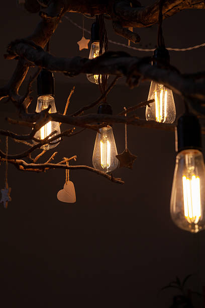 Modern Edison filament lamps in retro style glow beautifully in the dark. A decorative heart hangs on a branch nearby
