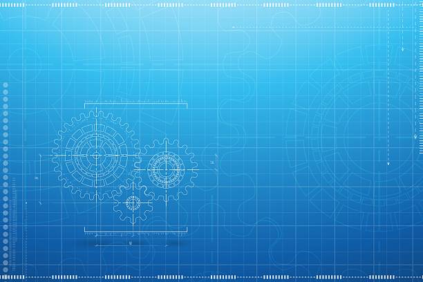 Abstract mechanic parts of car engine or watch. Gear blueprint technical background. Cogs and wheels in blue color. Blueprint of working clock. Tech drawing of gears connection. Vector illustration.
