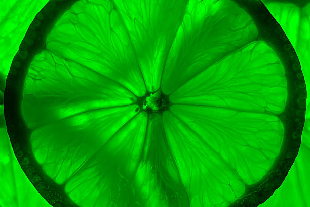 A close up of a lime slice with a green hue. The lime slice is cut in half and the green color is emphasized