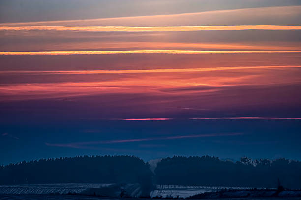 The sky displays a gradient of colors from deep blue to fiery orange and pink, with distinct airplane trails stretching across the horizon above a silhouetted forest