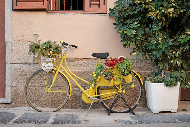 Tropea, Calabria, Italy - September 22, 2025: Yellow bicycle decorated with lemons, chili peppers and herbs outside a building in Tropea, southern Italy.