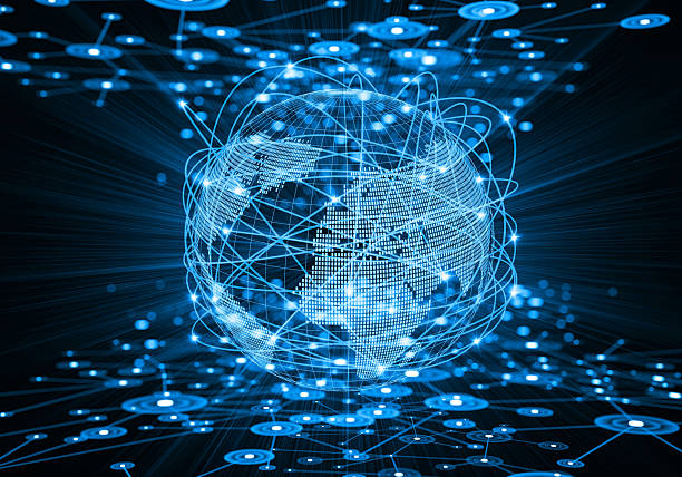 A luminous digital representation of the Earth is depicted, crisscrossed with vibrant blue lines that form a complex network. This visual effectively conveys concepts of global connectivity, the internet, international communication, and data flow across the world.