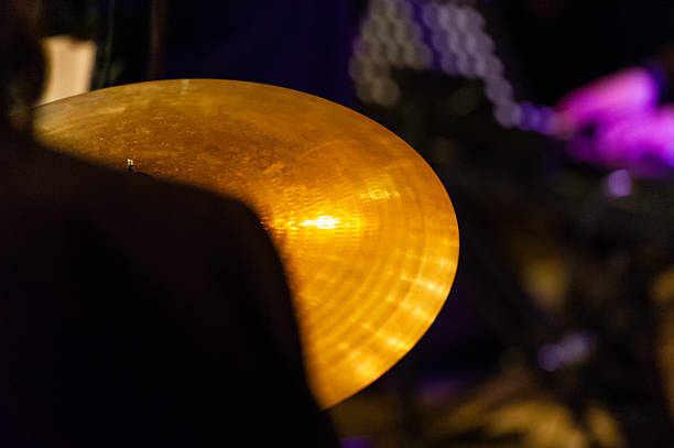 Drum cymbals during a concert against a blurred background. Web banner. For design.