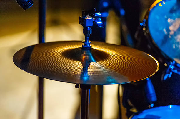 Drum cymbals during a concert against a blurred background. Web banner. For design.