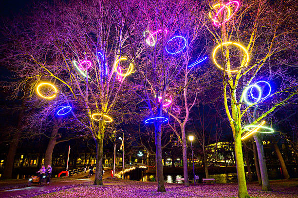 Colorful light decorations in trees in the Ter Pelkwijkpark in Zwolle during the dark winter months and Christmas time in Zwolle, The Netherlands.