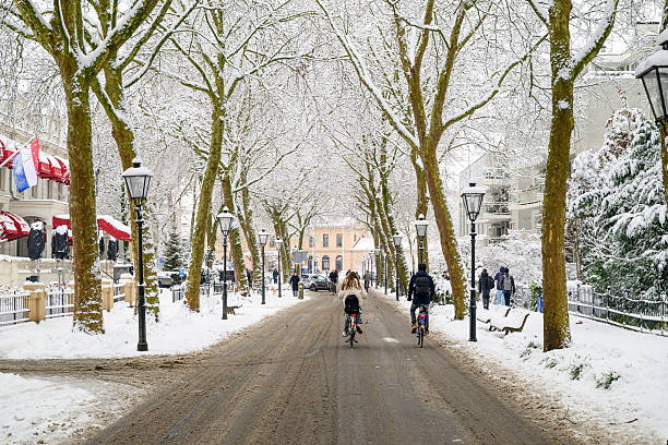 Zwolle street view at the Stationsweg towards the train station during a cold winter day with snow on the street and trees. People are cycling on the street and walking on the sidewalk.