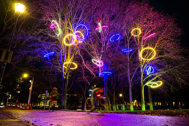 Colorful light decorations in trees in the Ter Pelkwijkpark in Zwolle during the dark winter months and Christmas time in Zwolle, The Netherlands.