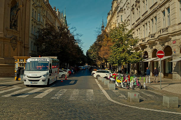 Ambulance On Cobblestone Prague Street During Emergency Response, Paramedics Preparing Stretchers
