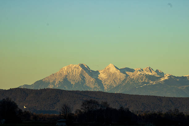 a clear sunrise illuminates a distant range of snow‑capped mountains rising above dark forested hills. soft golden light highlights the rugged peaks while the foreground remains in shadow, creating a dramatic contrast and a sense of depth. the peaceful landscape conveys themes of wilderness, natural beauty, and outdoor tranquility.