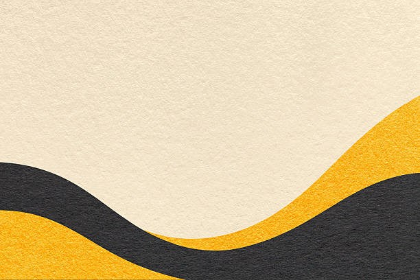 Textured light cream paper background with black and yellow wavy lines and waves, copy space for banner, presentation.