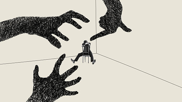 Dramatic collage of seated person surrounded by giant threatening scribble hands. Concept of anxiety, pressure, bullying, emotional overwhelm, mental health editorial content.