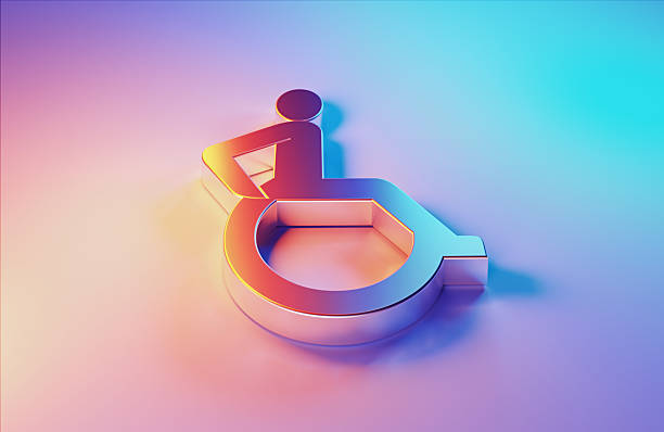 3D metallic accessibility symbol illuminated by blue and magenta lights on blue background.