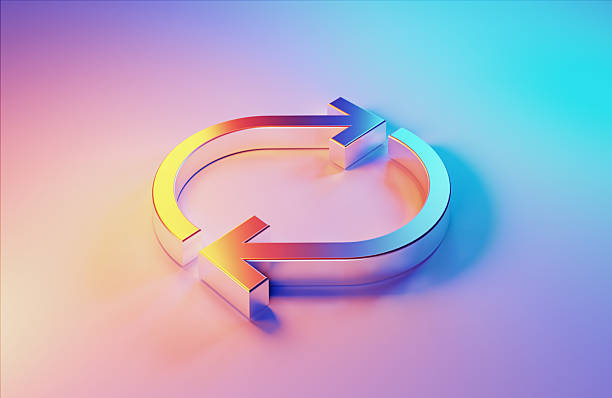 3D metallic arrow symbol illuminated by blue and magenta lights on blue background.