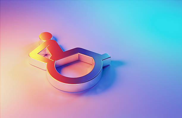 3D metallic accessibility symbol illuminated by blue and magenta lights on blue background.