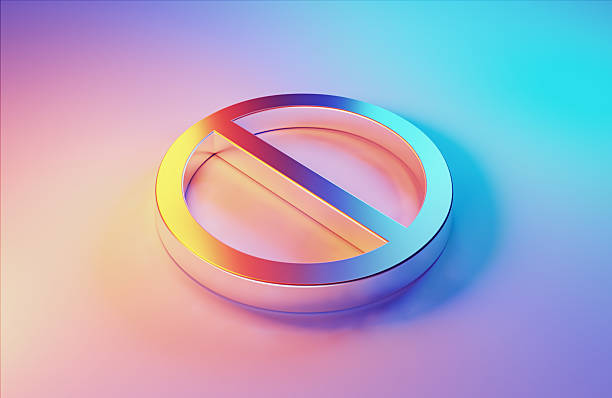 3D metallic do not enter sign illuminated by blue and magenta lights on blue background.