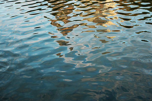 A serene composition of water at dusk, where the gentle ripples create a softly distorted reflection of distant city lights and warm, illuminated windows. The blurred architecture adds a dreamy quality, with a harmonious palette of deep blues, golden yellows, and soft oranges capturing the tranquil moment between day and night. Ideal for themes of urban calm, reflection, and twilight atmosphere.