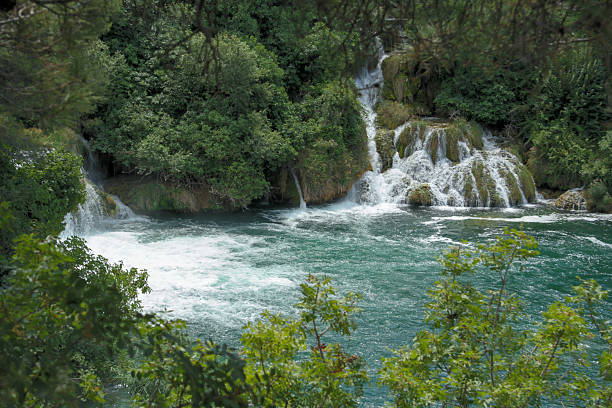 Small waterfall hidden among dense forest vegetation in Krka National Park, Croatia. Natural freshwater stream in summer.
