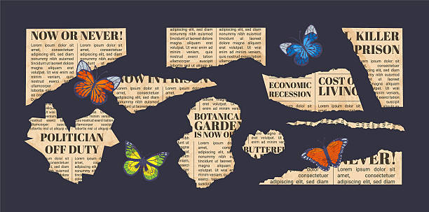 Collage of retro torn newspaper headlines and clippings with colorful butterflies. Grunge vintage aesthetic with dramatic news topics and textured paper edges. Ideal for conceptual art, emotional or political commentary, surreal design, and creative collages.