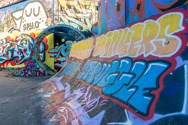 28 december 2025, Copenhagen, Denmark. Walls and concrete structures covered in brightly colored graffiti. Some even have text. Christiania Freetown in Copenhagen. Colorful background, street art.