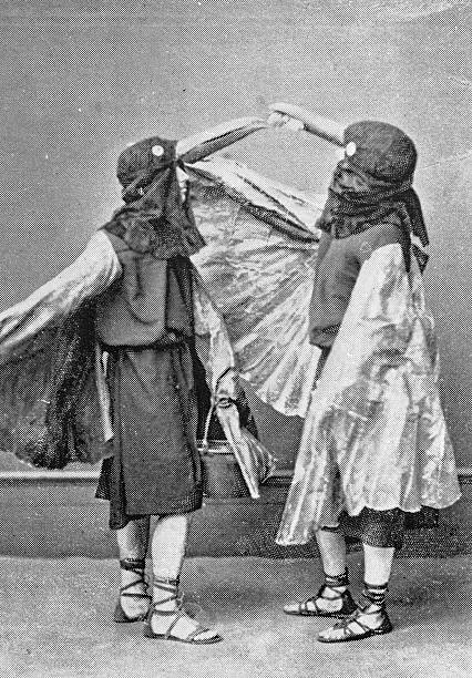 Antique Photograph of Cambridge University theatre stages, scenes and portraits of actors: The Birds (Play by Aristophanes)