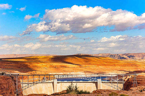 Glen Canyon Bridge is the highest arch bridge of its type. Glen Canyon Dam in Arizona, in the gorge of the Grand Canyon. Walls of the Colorado River banks. USA.