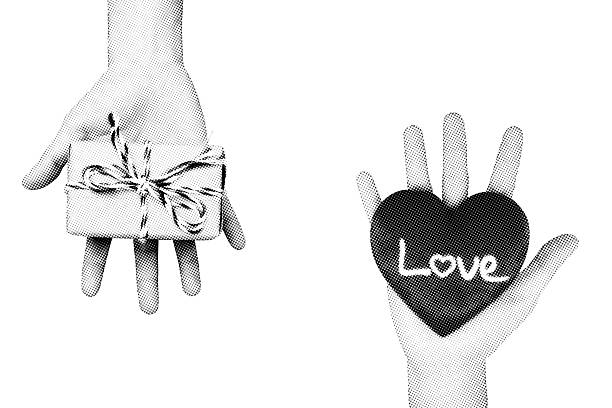 Halftone hands exchanging love heart and gift box. Valentine's Day romantic concept.