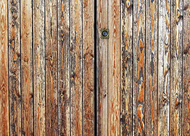 Front view of a closed wooden door, wood slat material background
