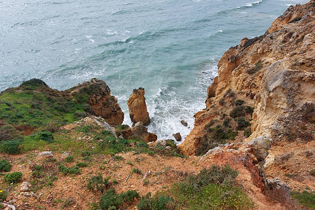 Rugged cliffside overlooking ocean waves at scenic coastal viewpoint.