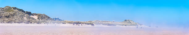 Families on Bamburgh Beach, Northumberland, UK.