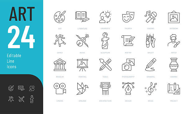 Vector illustration in modern thin style of culture related icons: painting, literature, theater, and more. Isolated on transparent background.