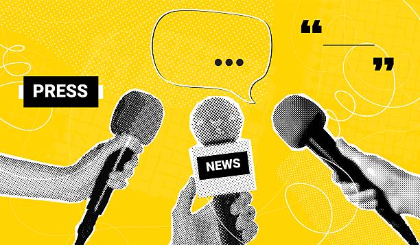Interview collage. Journalist hand hold mic, press tv presenter radio podcast talk show news media journalism microphone halftone newspaper retro pop art, exact vector illustration original artwork