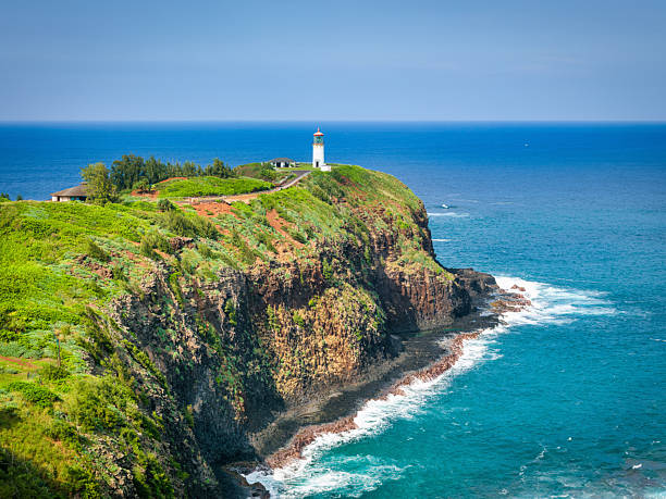 Kilauea Lighthouse standing on green coastal cliffs overlooking the Pacific Ocean on the northern shore of Kauai. Recognizable Hawaiian landmark and travel destination. Kilauea, Kauai, Hawaii, United States, North America
