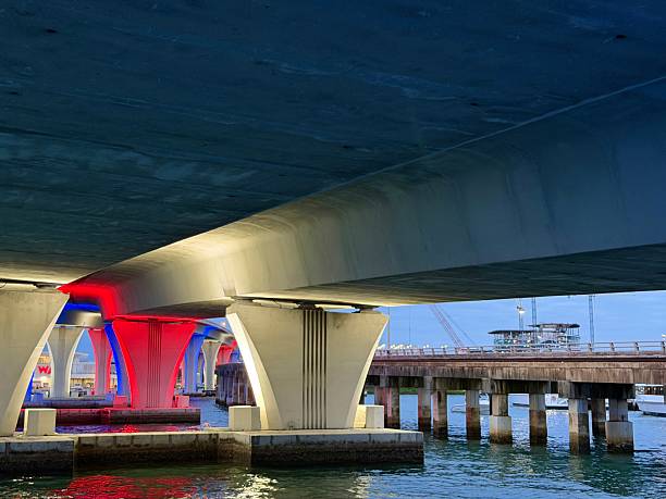 Illuminated pillars of the MacArthur Causeway bridge reflecting vibrant red and blue lights on the water in Miami. Florida at dusk. Showcasing urban architecture and modern design along Port Boulevard