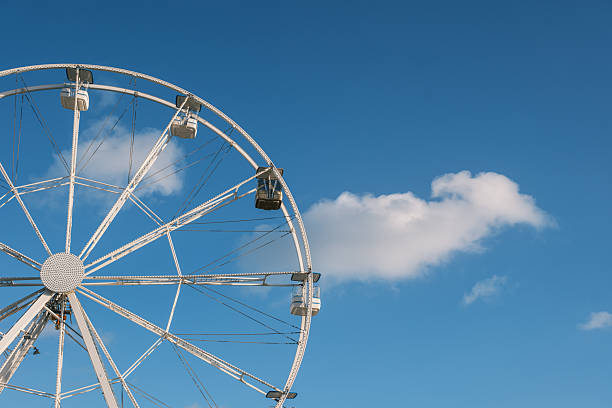 Close up view of the Roue de Paris, the big ferris wheel above a deep blue sky background located in the Jardin des Tuileries in Paris, France.