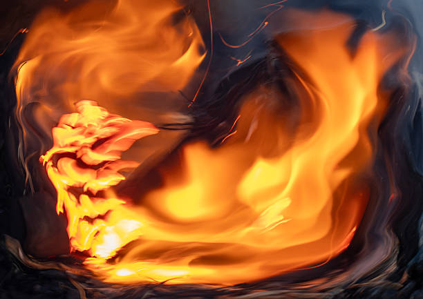 A fire lit on the ground in a picnic area, with charcoal.