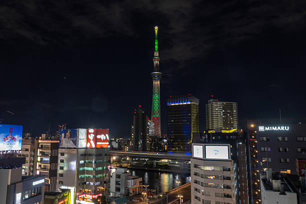 Tokyo, Japan- 17 Dec 2025: Tokyo Skytree tower at night with colorful lighting. Tokyo Skytree features a stunning array of colorful illuminations each night