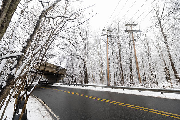 This is a photograph of a scenic road lined with snow covered trees in Mahwah, New Jersey on a winter day.