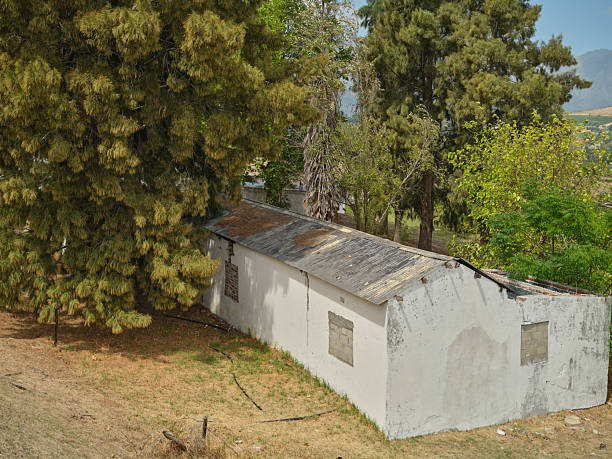 A modest dwelling is nestled amidst tall trees, showcasing a rustic charm. Its aged structure reveals a weathered history while the serene surrounding greenery evokes a tranquil and peaceful ambiance.