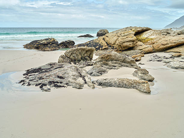 A peaceful beach scene along the Cape Town coastline reveals weathered rocks protruding from pale sand, with gentle waves rolling in and a hazy horizon. The image captures natural textures, rugged geology, and a calm mood that evokes travel, nature, and coastal exploration in the Western Cape of South Africa.