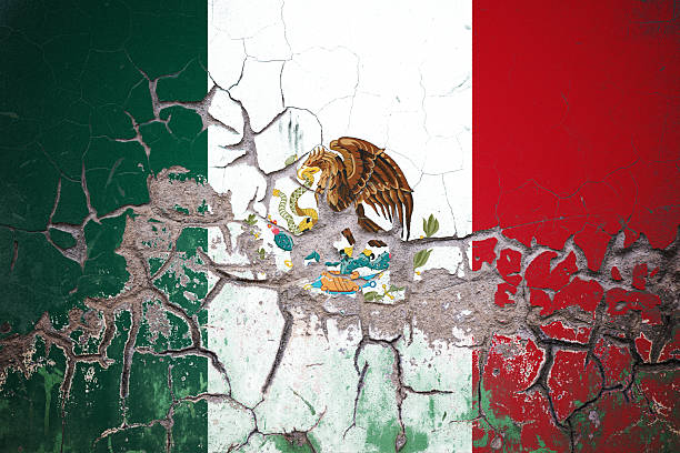 A weathered and cracked wall displays the Mexican flag, with its iconic green, white, and red vertical stripes and central eagle emblem. The peeling paint and rough texture suggest themes of endurance, history, and national identity. The visual decay adds a symbolic layer of resilience and passage of time.