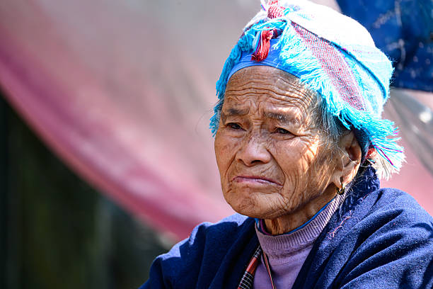 Woman selling cattle at the popular Sunday market in Bac Ha, Vietnam. \nBac Ha is in Lao Cai Province in northern Vietnam.\nThe Hmong are a ethnic tribal group that live in the mountainous areas of Vietnam, China, Laos and Thailand. The tribe is famous for their colourful cloth and clothing.