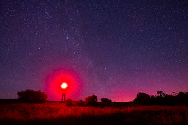 Explorer at night with bright red headlamp under a sky full of stars with subtle aurora glow in northern sky.