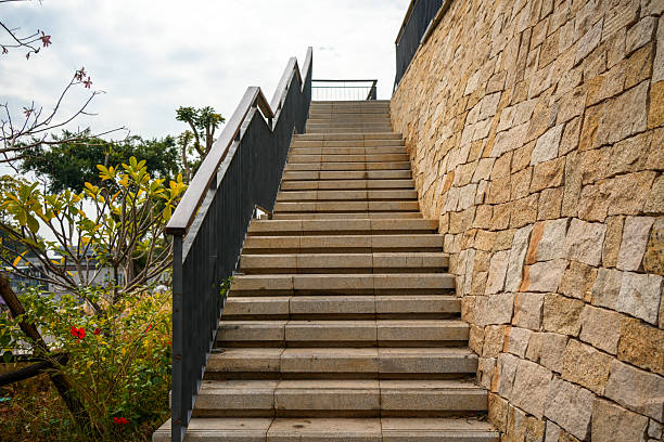 A clean, modern outdoor staircase made of light-colored stone steps, flanked by a black metal handrail on one side and a rustic stone wall on the other. The stairway leads upward through a landscaped area with green shrubs, flowering plants, and trees under a cloudy sky. This image captures the harmony between natural materials and contemporary design, ideal for themes related to urban landscaping, public spaces, architecture, and sustainable livin