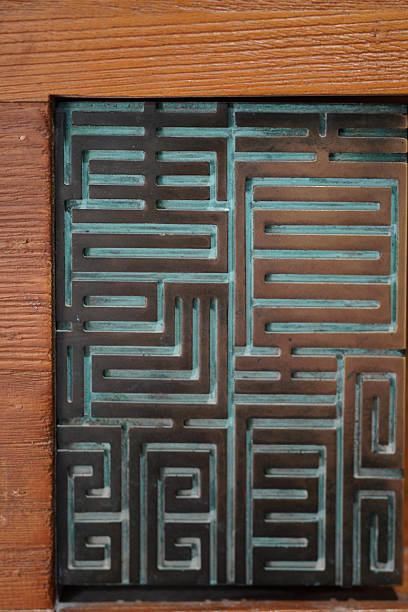 Close-up of a wooden frame with intricate bronze Chinese calligraphy maze pattern, showcasing traditional art, symbolism, and geometric design.