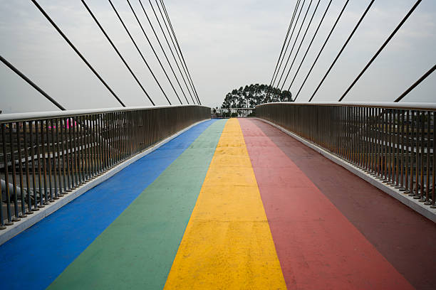 Modern Suspension Bridge with Vibrant Rainbow Pathway – Urban Art and Design
