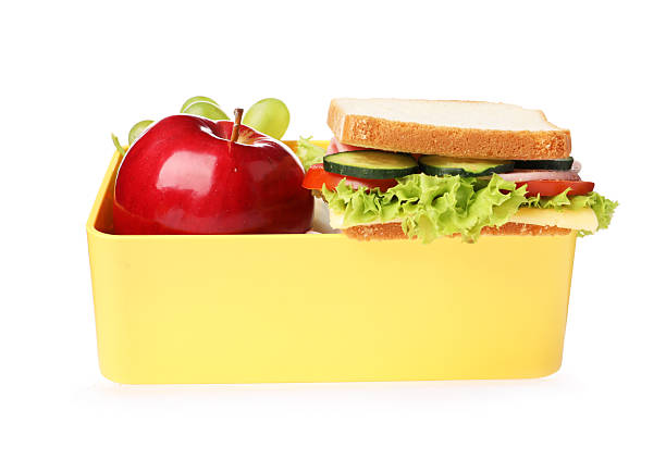 Open lunch box with tasty sandwich and apple isolated on white